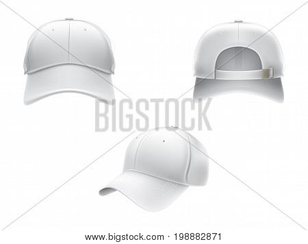 Vector realistic illustration of a white textile baseball cap front, back and side view, isolated on white. Print, template, moc up, design element