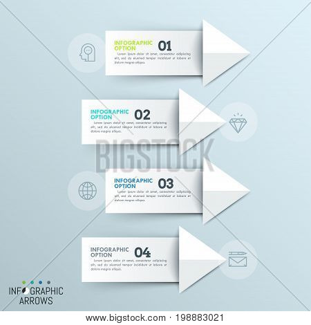 Four paper white numbered arrows pointing at thin line icons. Minimalistic infographic design template. 4 directions of business development concept. Vector illustration for brochure, banner, report.