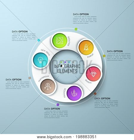 Annular diagram with 6 paper white overlapping parts, icons on colored background and text boxes. Six features of business development concept. Infographic design template. Vector illustration for ad.