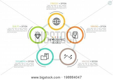 Round diagram with 5 colorful circular elements, pictograms inside them and text boxes. Minimal infographic design template. Business organization scheme concept. Vector illustration for presentation.