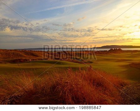 Spectacular sunset on golf course near Puget Sound in Washington State