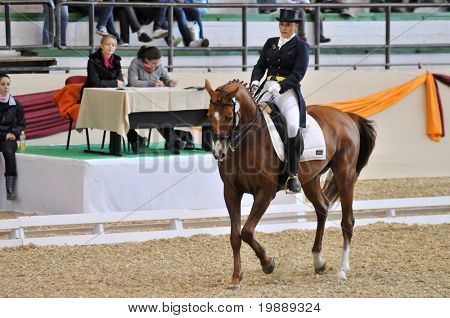 KAPOSVÁR, Maďarsko - 9. října: Maria Egay (RUS) a její koně (Zlatý oheň) v akci na Dressag