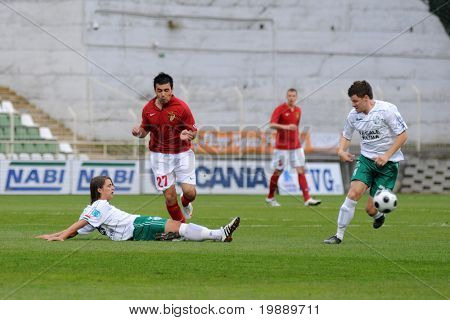 KAPOSVAR, Hungría - 23 de octubre: Kornel Kulcsar (L en blanco) en acción en un Campeonato Nacional Húngaro