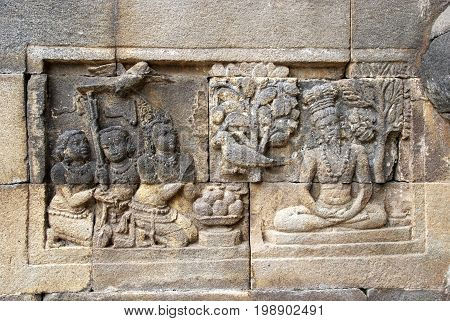 Relief in Mendut Temple, ninth-century Buddhist temple, located in near from Borobudur, Java, Indonesia