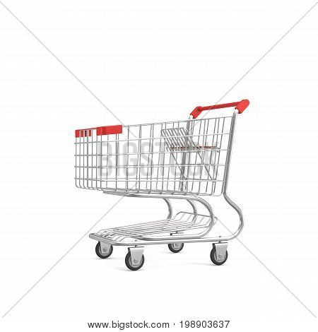 3d rendering of a shopping cart with a red handle isolated on white background. Sales and promotions. Grocery shop and supermarket. Going shopping.