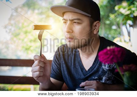 Man Sees Sausage With Curious Thinking Face Breakfast. Gay Thoughtful Sex Confused Symbol Expression