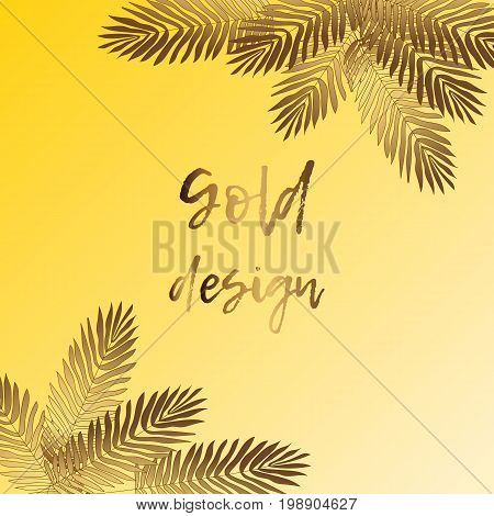 Gold Palm leaves pattern yellow background. Summer gold tropic palm. Golden palm summer tropic leaves