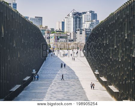 SEOUL SOUTH KOREA - APR 15 2016 : Ewha Woman University Modern Architecture Building exterior Space cityscape view