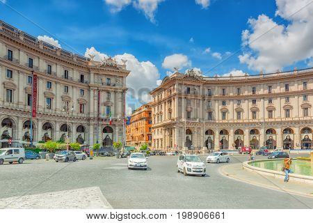 Rome, Italy - May 10, 2017 : Republic Square (piazza Della Repubblica) And The  Fontana Esedra. Ital
