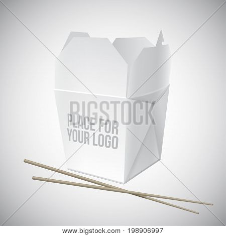 Vector illustration of a white box for asian food with a place for a logo. White box for noodles with chopsticks