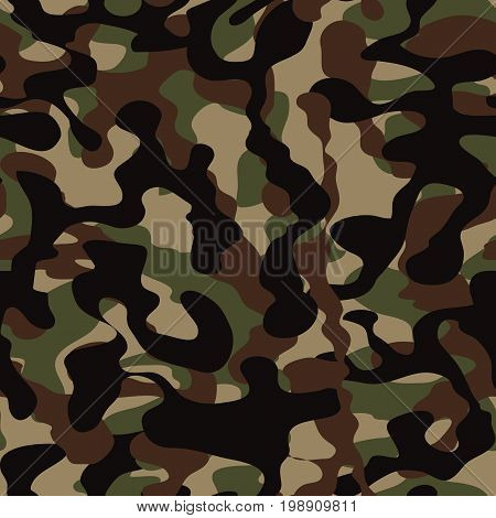 Camouflage pattern background seamless illustration. Military camouflage seamless pattern. Four colors. Woodland style camouflage pattern. Classic clothing style masking camo repeat print.