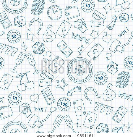 Seamless pattern on the theme of gambling and money blue contour icons on the clean writing-book sheet in a cage