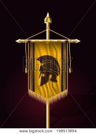 Festive Banner Vertical Flag With Helmet Of Warrior. Wall Hangings With Gold Tassel Fringing. Has Pl