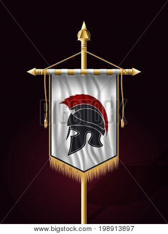 Festive Banner Vertical Flag With Helmet Of Warrior. Wall Hangings With Gold Tassel Fringing. Has Pl