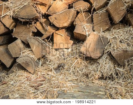 The fuel wood stacked on top of each other mixed with straw. Boards of pine, view of the end. Firewood for heating the house and kindling. Wood for the stove. Look at the stack of firewood close-up