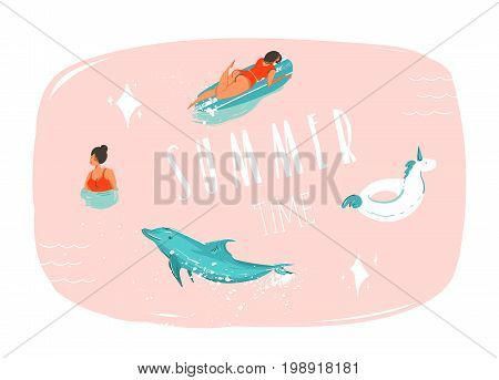 Hand drawn vector abstract summer time fun cartoon illustration with swimming people, surfer on longboard, unicorn float ring, dolphin and modern typography quote Summer time isolated on pink background