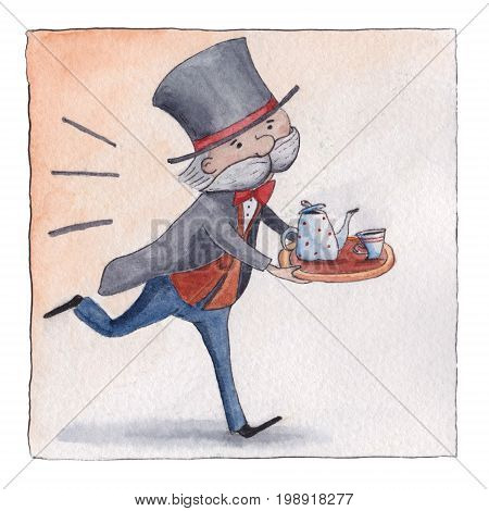Old English butler in livery hurrying to serve five o-clock tea, postcard, greeting card design, watercolor illustration. Five o-clock tea, funny English butler running with teapot and cup