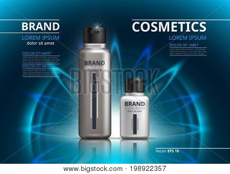 Cosmetic package ads template. Shampoo or shower gel, skincare products in silver bottles. Mockup 3D Realistic illustration. Sparkling water drops backgrounds