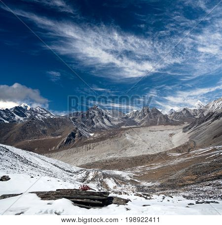 Panorama of Himalayan mountain landscape in Sagarmatha National Park - view from Chhukhung Ri in Everest Region Nepal Himalayas