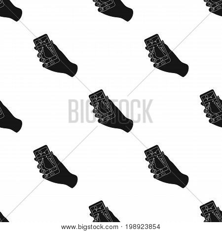 Taking photo on smart phone icon in black design isolated on white background. Hipster style symbol stock vector illustration.