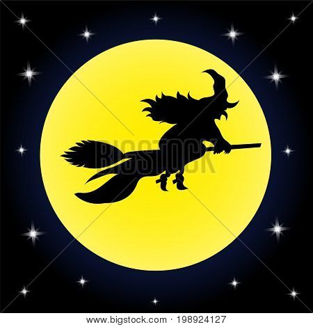 Background Halloween witch on a broom full moon sta