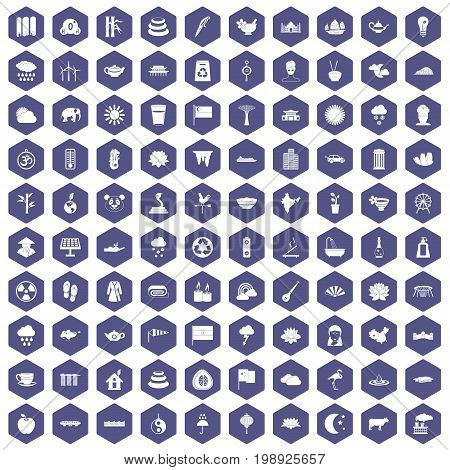 100 lotus icons set in purple hexagon isolated vector illustration