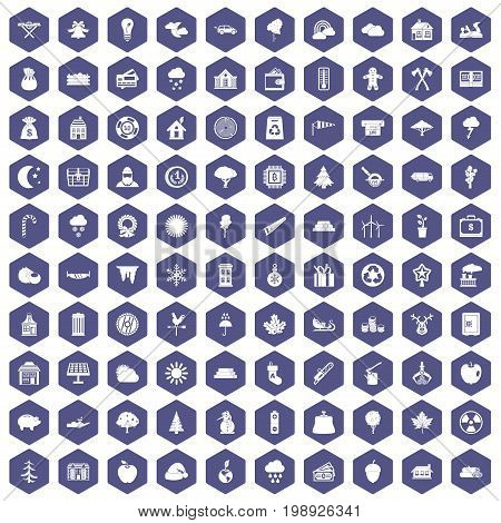 100 lumberjack icons set in purple hexagon isolated vector illustration