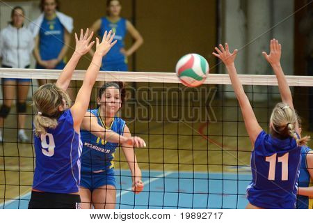 KAPOSVAR, 헝가리-12 월 19 일: Szandra Szombathelyi (C) 헝가리어 NB I. 리그 wo에서 행동