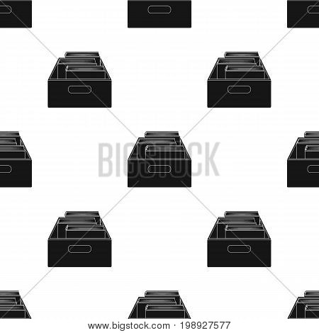 Books in box icon in black design isolated on white background. Library and bookstore symbol stock vector illustration.