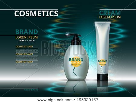 Cosmetic package ads template. Skin care gel, body cream or handcream bottles. Mockup 3D Realistic illustration. Sparkling water drops backgrounds
