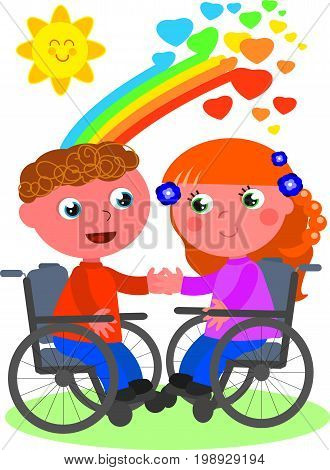 Cute couple of disabled young kids in a romantic date, vector illustration.