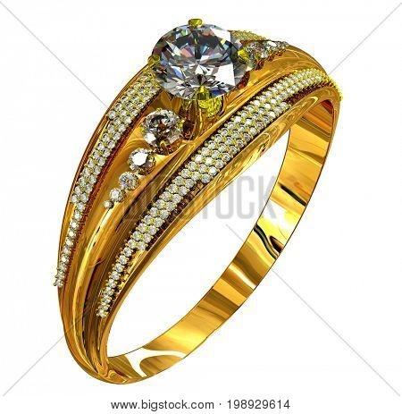 Gold ring with diamond gem. luxury jewellery bijouterie with gemstone for people in love . Reflection inside ring on isolated. 3D rendering