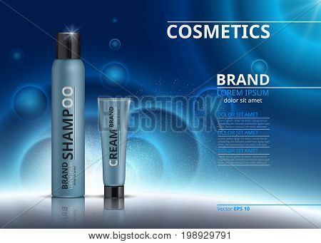Cosmetic realistic package ads template. Hydrating face mask and body cream products in blue bottles. Mockup 3D illustration. Sparkling background