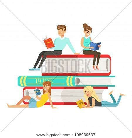Micro young women and men sitting on a pile of books, people enjoy reading vector Illustration isolated on a white background