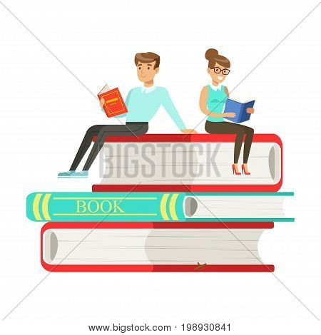 Micro young woman and man sitting on a pile of books, people enjoy reading vector Illustration isolated on a white background