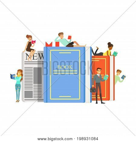 Micro young women and men sitting, lying on a giant books and newspaper, people enjoy reading vector Illustration isolated on a white background