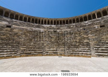The Roman ancient theater in Aspendos. The province of Antalya. Mediterranean coast of Turkey.