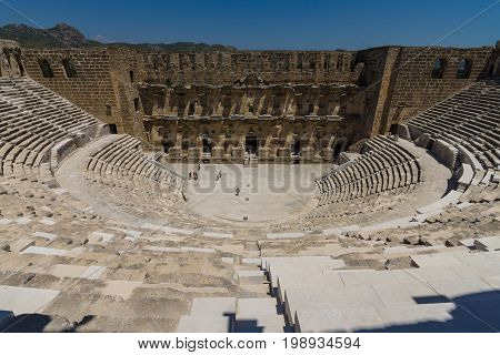 The Roman ancient theater in Aspendos. The province of Antalya. Mediterranean coast of Turkey.