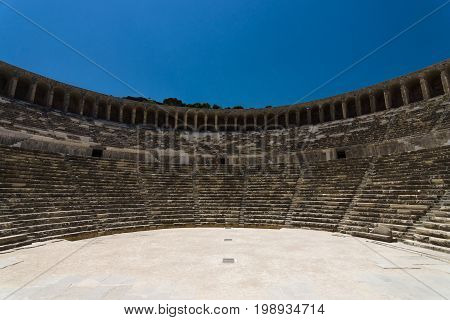 The Roman ancient theater in Aspendos. The province of Antalya. Mediterranean coast of Turkey.