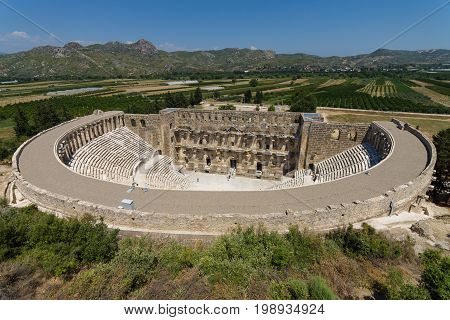 The Roman ancient theater in Aspendos. The province of Antalya. Mediterranean coast of Turkey.