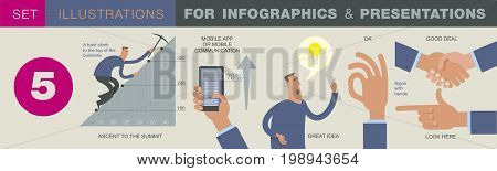 Business infographics with illustrations of business situations, investment projects. Elements of visualization of work on project, diagrams and graphs. Abstract template for presentation, website.