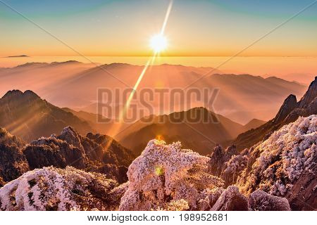 Sunrise above the mountain peaks of Huangshan National park. China.