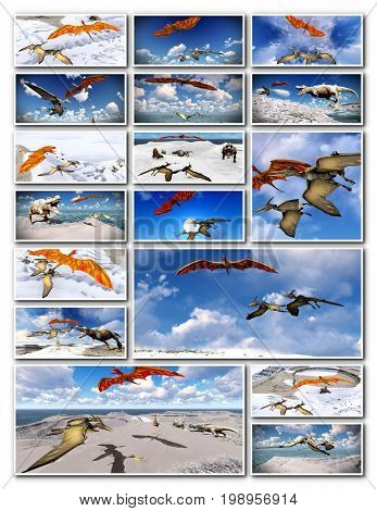 Velociraptor and pterodactyl 3d rendering