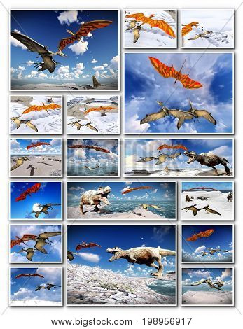 Velociraptor and pterodactyl 3d rendering