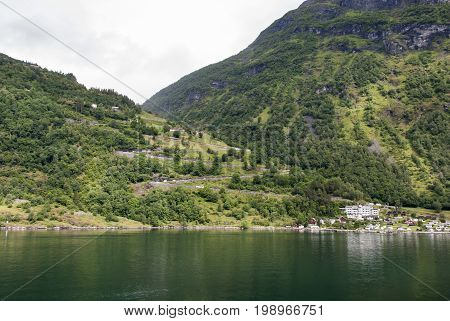 Switchback road at Geiranger in Norway in summer