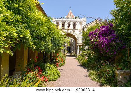 entrance to the church of the Lerins Abbey in the Saint-Honorat island, France