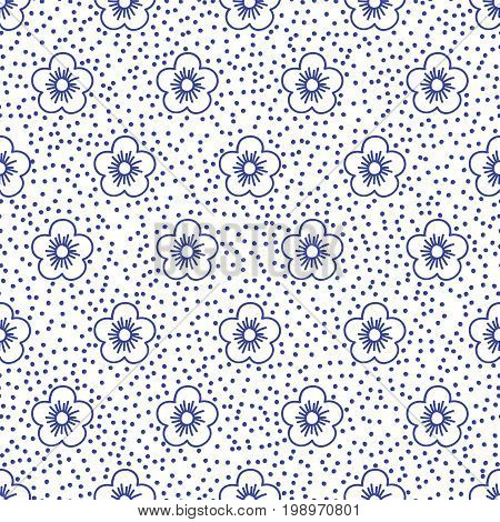 Chinese porcelane seamless pattern with dots and flowers. Abstract background. Blue and white colors.