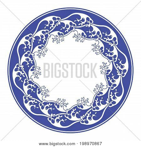 Chinese porcelane round frame with sea waves. Vintage style illustration.