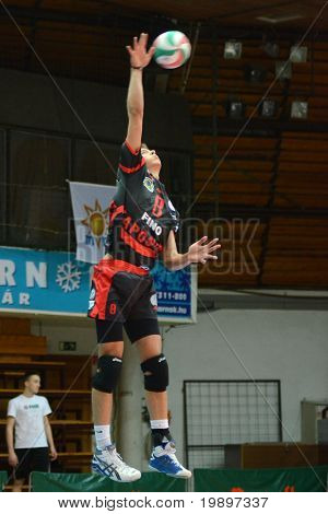KAPOSVAR, Ungheria - 6 marzo: Roland Gergye (8) serve la palla a un campionato nazionale ungherese 