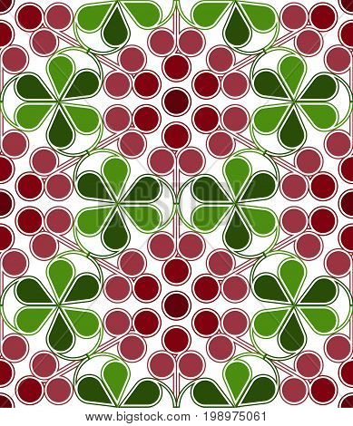 Scandinavian geometric pattern with stylized cranberries and cowberries on white background. Vector seamless repeat.